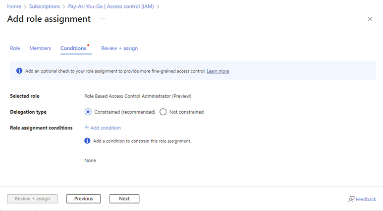 Image of the conditions tab when make role assignments in the Azure Portal